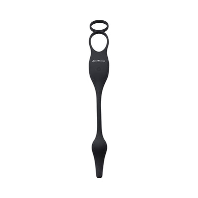 Black silicone vibrating plug and dual ring combo with power button and Zero Tolerance logo on white background.
