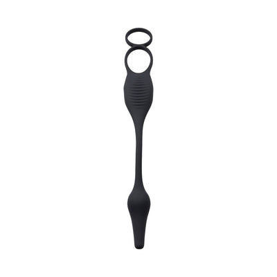 Black silicone vibrating plug and dual ring combo with textured middle and two stretchy rings for secure fit.