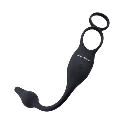 Black silicone rechargeable vibrating plug and dual ring combo with power button and flexible design.