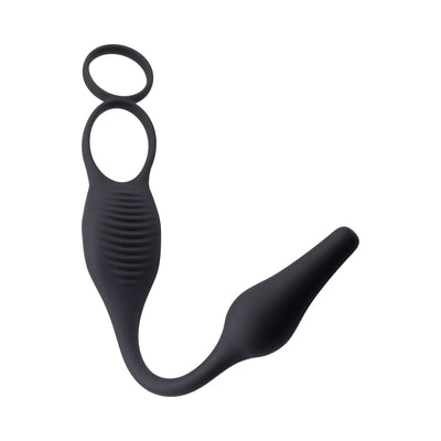 Black silicone vibrating plug and dual ring combo with textured shaft and tapered insertable end.