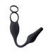 Black silicone vibrating plug and dual ring combo with textured shaft and tapered insertable end.