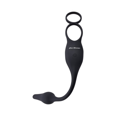 Black silicone rechargeable vibrating plug and dual ring combo with control button and Zero Tolerance logo