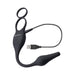 Black silicone rechargeable vibrating plug and dual ring combo with USB charging cable attached.