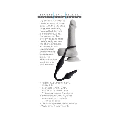 Black rechargeable vibrating silicone plug and penis ring combo displayed on a model with product features and dimensions text.