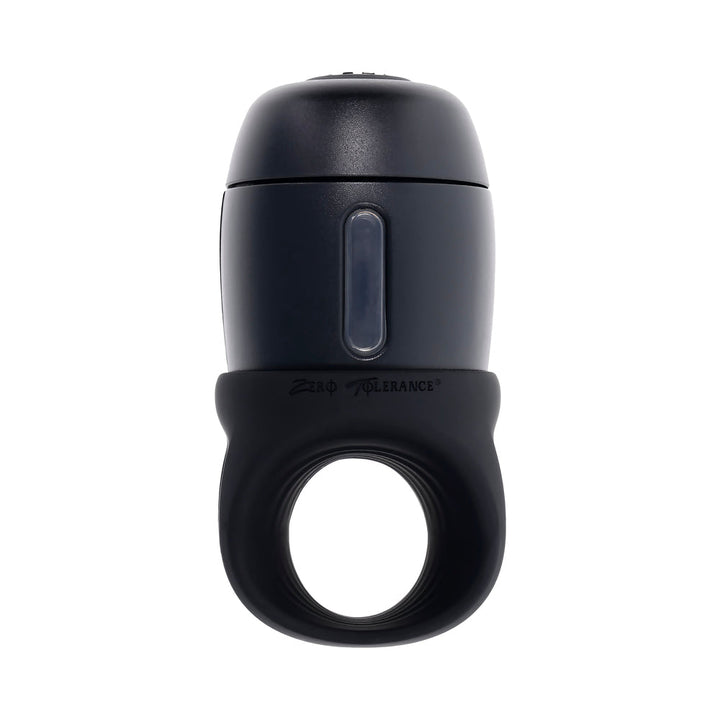 Black Zero Tolerance Wet It Be vibrating stroker with ergonomic button and ring design on white background.