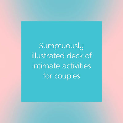 Blue square with white text describing a sumptuous illustrated deck of intimate activities for couples on a soft pink and blue gradient background.
