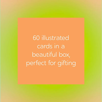 Text on orange square reads 60 illustrated cards in a beautiful box, perfect for gifting on green and beige gradient background.