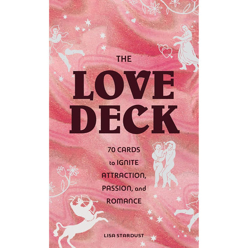 The Love Deck box with pink marbled background and white illustrations of cherubs and stars, featuring 70 cards to ignite attraction and romance.