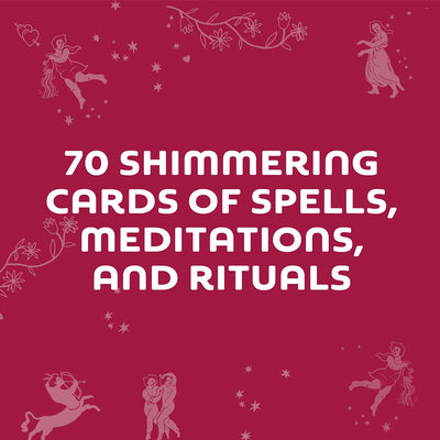 Close-up of The Love Deck packaging highlighting 70 shimmering cards of spells, meditations, and rituals with zodiac illustrations.