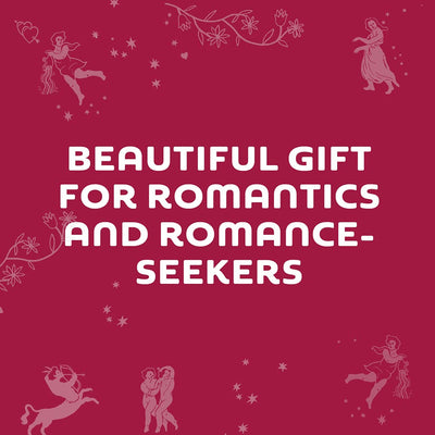 Red card with white text reading beautiful gift for romantics and romance-seekers surrounded by subtle zodiac and floral illustrations.