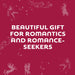 Red card with white text reading beautiful gift for romantics and romance-seekers surrounded by subtle zodiac and floral illustrations.