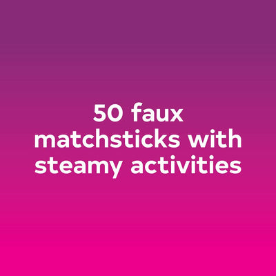 Spark Passion set featuring 50 faux matchsticks with playful and intimate activity prompts on a pink to purple gradient background.