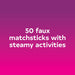 Spark Passion set featuring 50 faux matchsticks with playful and intimate activity prompts on a pink to purple gradient background.