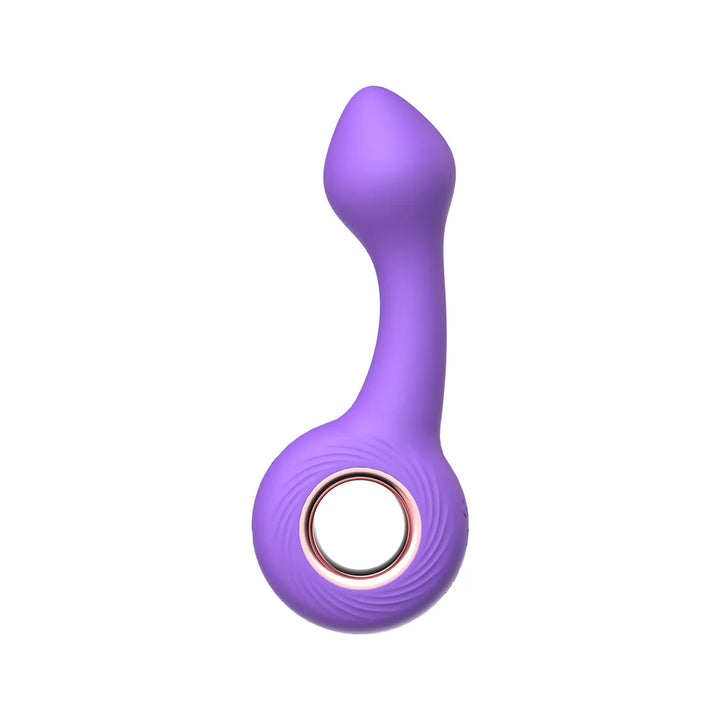 Purple silicone G-spot vibrator with pointed tip and circular handle ring, designed for targeted stimulation.