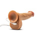 Tan realistic silicone dildo with suction cup base and attached white remote control on white background.