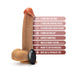 Tan realistic silicone dildo with suction cup base and wireless remote, highlighting 9 vibration and 3 thrusting speeds.