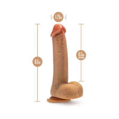 Tan realistic silicone dildo with suction base showing 8.5 inch length, 6.5 inch insertable, and 1.75 inch width measurements.