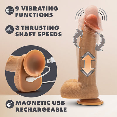 Tan realistic silicone dildo with suction base, showing 9 vibrating functions, 3 thrusting speeds, and magnetic USB rechargeable feature.