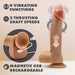 Tan realistic silicone dildo with suction base, showing 9 vibrating functions, 3 thrusting speeds, and magnetic USB rechargeable feature.