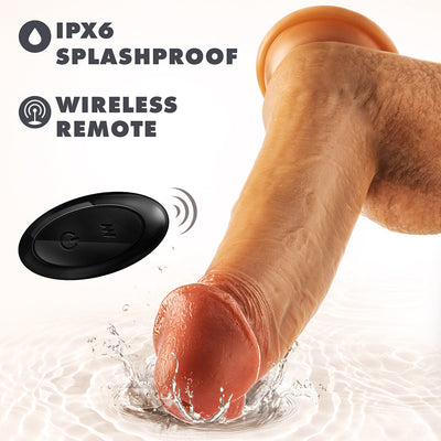 Tan realistic silicone dildo with suction base splashing in water, shown with black wireless remote control and IPX6 splashproof label.