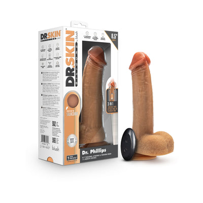 Tan 8.5-inch realistic silicone dildo with suction base and wireless remote control next to product packaging.