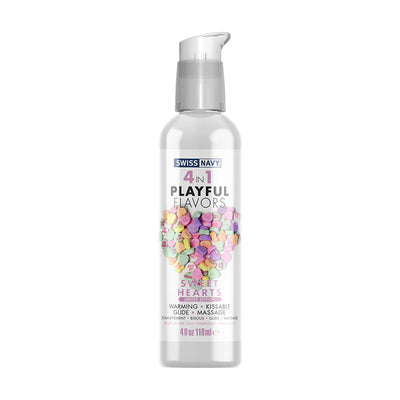 Clear bottle of Swiss Navy 4 in 1 Playful Flavors warming, kissable lubricant and massage gel with colorful candy heart design.
