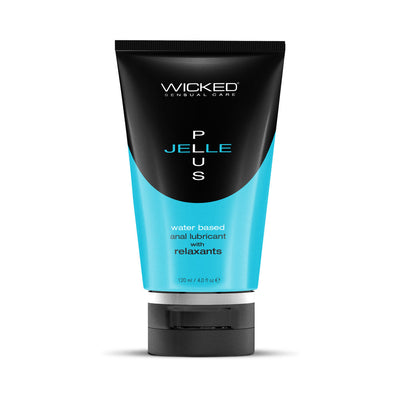 Tube of Wicked Jelle Plus water-based anal lubricant with relaxants in black and blue packaging, 4oz size.
