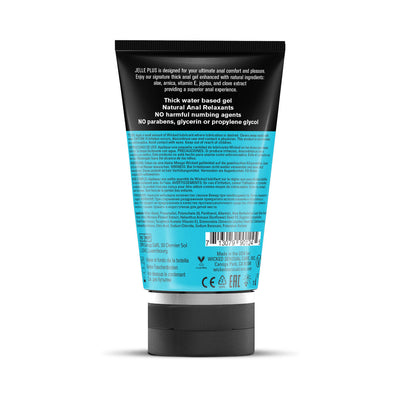 Back view of Wicked Jelle Plus 4oz anal lubricant tube with product details and ingredient list on black and blue label