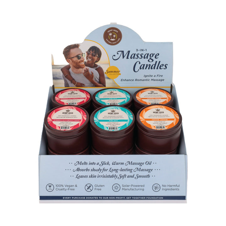 Display of Earthly Body Hemp Seed 3-in-1 massage candles in three scents with vegan, gluten-free, and cruelty-free labels.