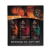 Earthly Body Hemp Seed Massage Oil Trio Gift Set with three 2 oz bottles in colorful leaf design packaging