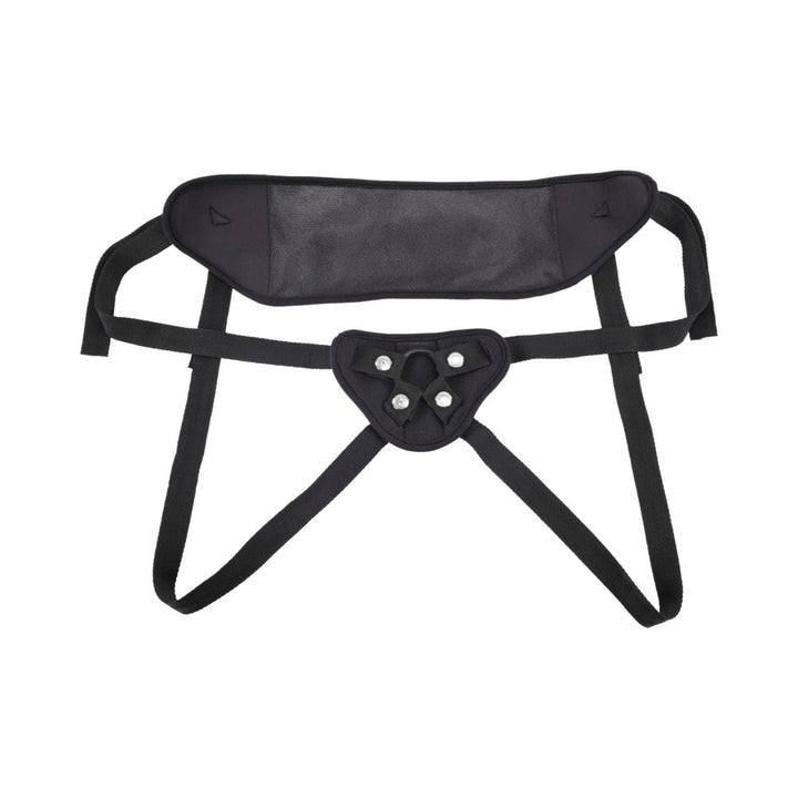 Black breathable mesh strap on harness with adjustable straps and reinforced O-ring for dildo attachment.