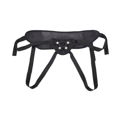 Black breathable mesh strap on harness with adjustable straps and metal O-ring for dildo attachment.