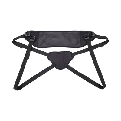 Black breathable mesh strap-on harness with adjustable straps and padded front support panel.