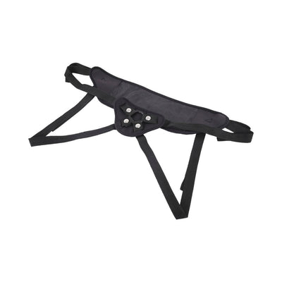 Black breathable mesh strap on harness with adjustable straps and an interchangeable O-ring for dildo attachment.