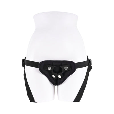 Black breathable mesh strap on harness with adjustable straps displayed on a white mannequin torso.