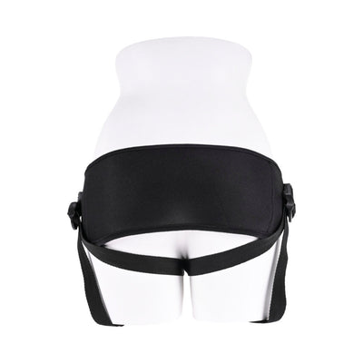 Black breathable mesh strap on harness displayed on a white mannequin from the back with adjustable side straps.