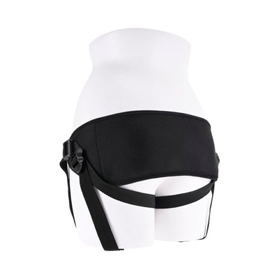 Black breathable mesh strap on harness with adjustable straps displayed on a white mannequin torso.
