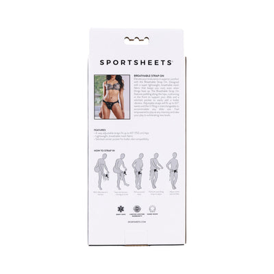 Back packaging of Sportsheets Breathable Strap On with product details, features, and illustrated strap-on instructions.
