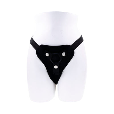 Black adjustable Sportsheets Hidden Pocket Strap On harness displayed on a white mannequin torso.