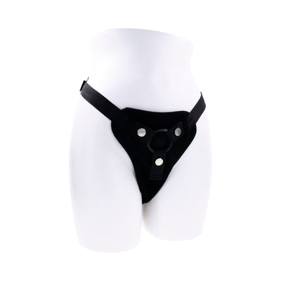 Black adjustable strap-on harness with front padded pocket and O-ring on white mannequin torso.