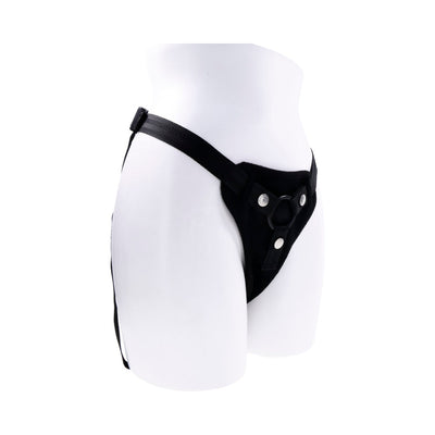 Black adjustable Sportsheets Hidden Pocket Strap On harness displayed on a white mannequin torso.