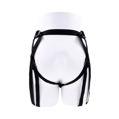 Black adjustable strap-on harness displayed on a white mannequin from the back.