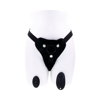 Black adjustable strap-on harness with front pocket and two black wireless remote controls displayed on white mannequin.