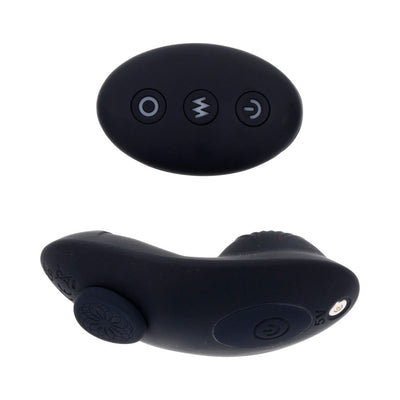 Black silicone remote control vibrator and matching wireless remote with three buttons for customizable settings.