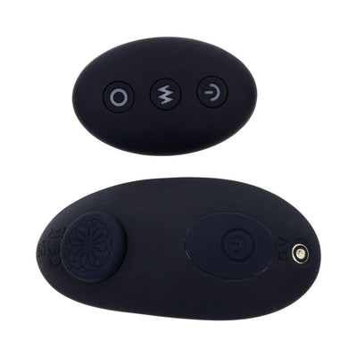 Black oval wireless remote control and matching vibrator with control buttons and USB charging port.