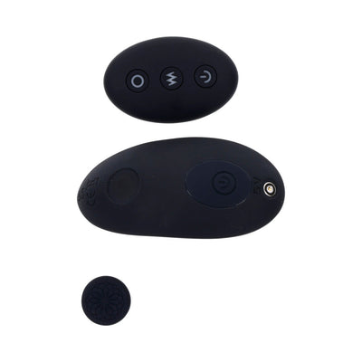 Black wireless remote control and rechargeable vibrator with three buttons and magnetic clasp accessory for discreet use.