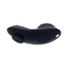 Black silicone remote control vibrator with curved ergonomic design and power button, part of a strap-on set.