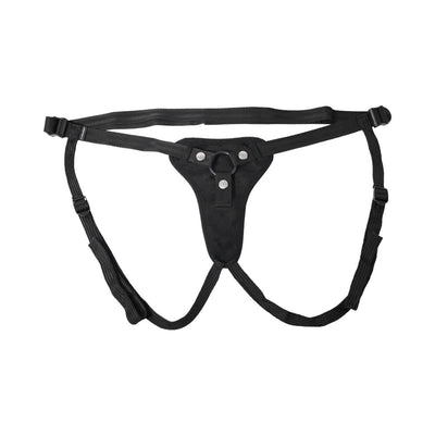Black adjustable Sportsheets Hidden Pocket Strap On harness with front padding and O-ring for dildo attachment.