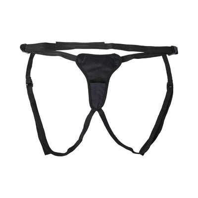 Black adjustable Sportsheets Hidden Pocket Strap On harness with front padded pocket and secure straps.