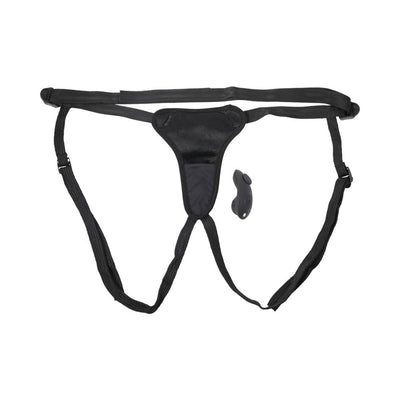 Black adjustable strap-on harness with elongated front pocket and removable wireless remote control vibrator.